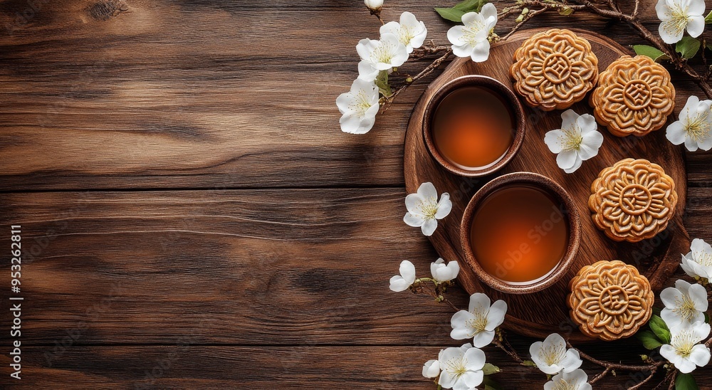 Enjoying tea and traditional pastries on a wooden table adorned with flowers in daylight Enjoying tea and traditional pastries on a wooden table adorned with flowers in daylight