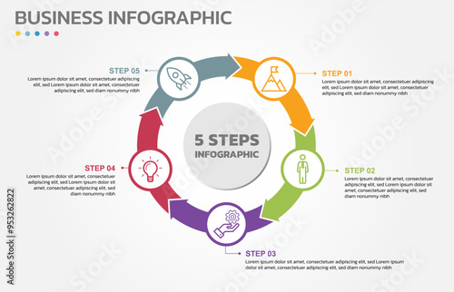 Visual data presentation. Cycle diagram with 5 options. Pie Chart Circle infographic template with 5 steps, options, parts, segments. Business concept. Editable pie chart with sectors. Single layer.