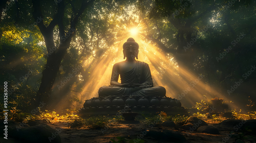 Buddha statue in the forest with sun rays shining through the trees. Buddha statue in the forest with sun rays shining through the trees.
