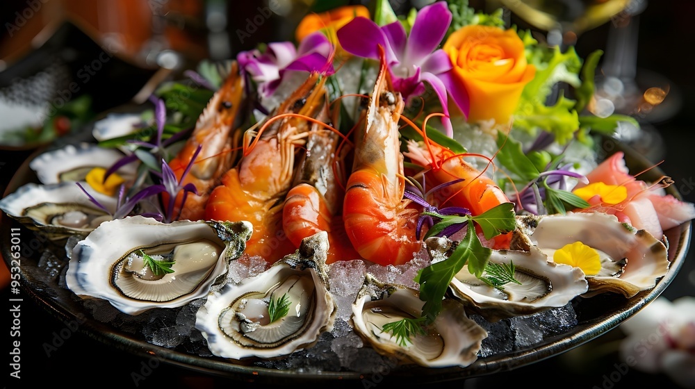 Gourmet Seafood Platter with Fresh Oysters and Prawns Gourmet Seafood Platter with Fresh Oysters and Prawns