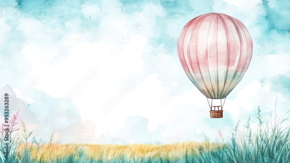 Obraz premium watercolor painting of a hot air balloon soaring above fields, copy space banner, whimsical sky background, detailed high definition image