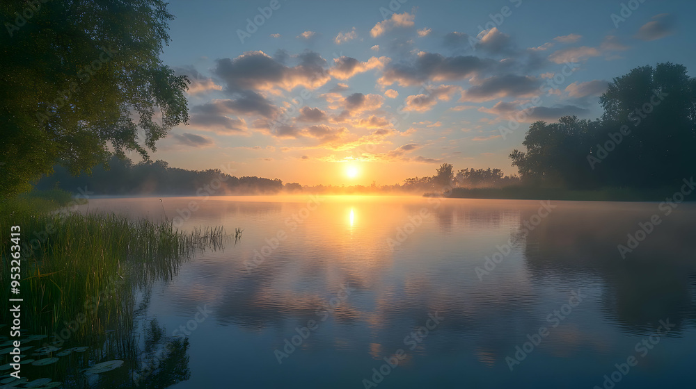 Fototapeta premium Calm lake at sunrise with fog, reflecting golden light and cloudy sky.