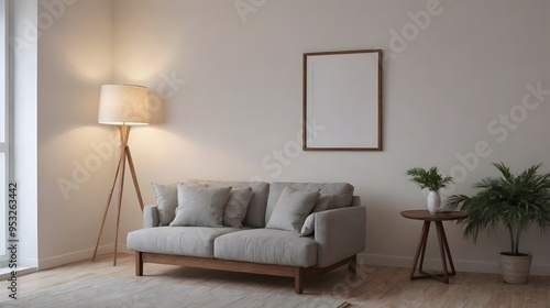 Home mock up design, minimalist decorated white wall and wooden flooring interior design background.