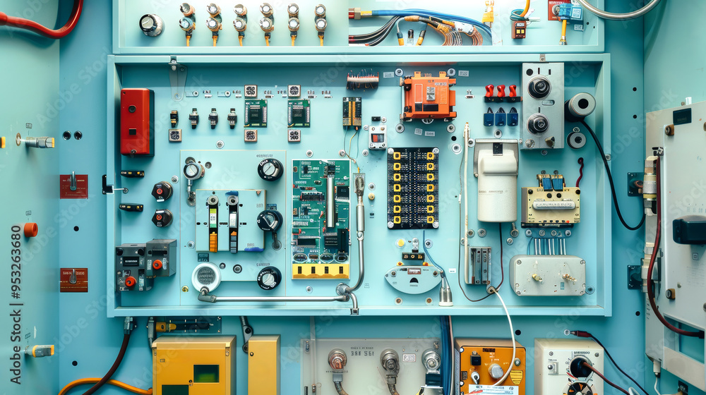 A detailed view of an electrical control panel revealing complex circuitry and components essential for industrial machinery operations A detailed view of an electrical control panel revealing complex circuitry and components essential for industrial machinery operations