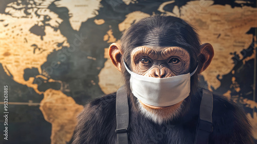 A chimpanzee in a medical mask stands before a dark world map, representing the seriousness of current health crises amidst a backdrop of realistic lighting