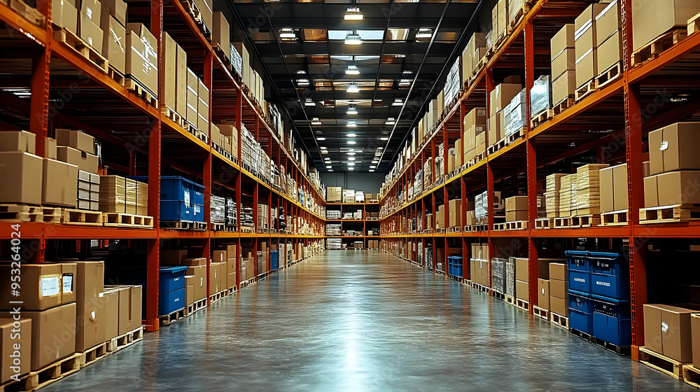 Cardboard boxes stacked high on shelves in a warehouse. Cardboard boxes stacked high on shelves in a warehouse.
