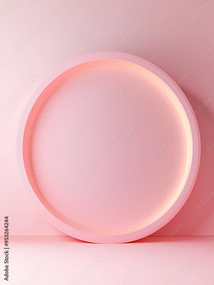 Obraz premium 3D circular frame in pastel tones, adorned with floating crystal and flowers elements for a luxurious minimalist appearance