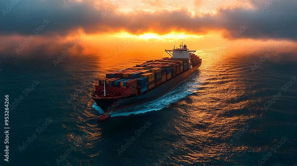 Cargo ship sails on the ocean at sunset. Cargo ship sails on the ocean at sunset.