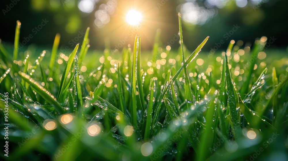 Naklejka premium Dewdrops on Green Grass in the Morning Sun.