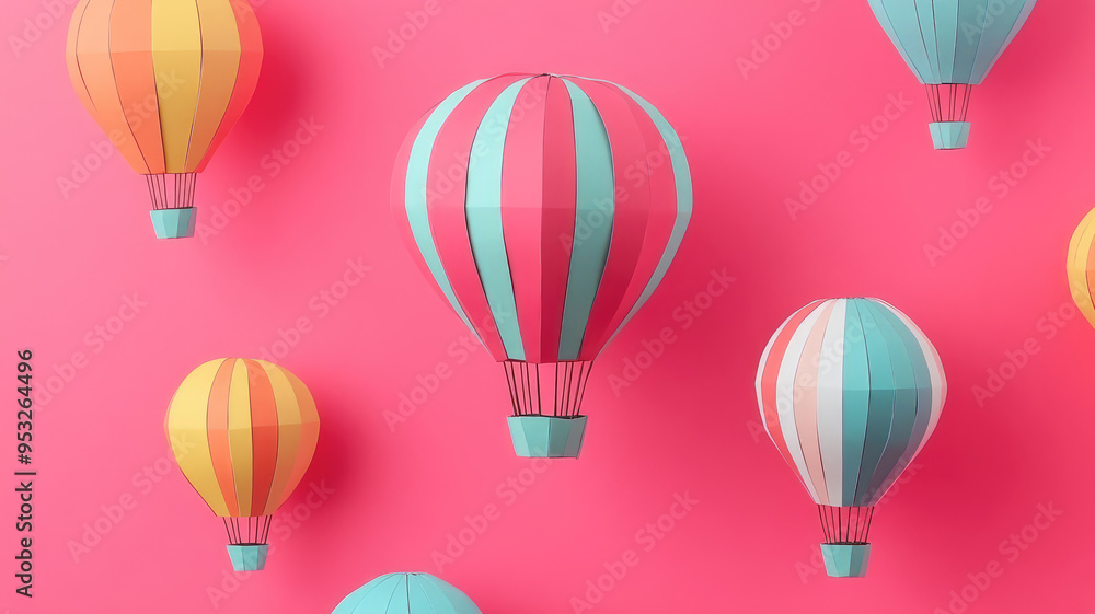 a paper hot air balloon festival with multiple balloons, isolated on a solid pink background, high quality photo a paper hot air balloon festival with multiple balloons, isolated on a solid pink background, high quality photo