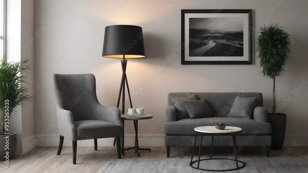 Fototapeta premium High resolution interior design with wooden flooring and a grey sofa, coffee table, wall art frame mock up design template.