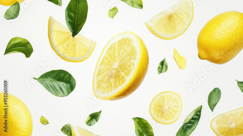 Yellow lemon slices falling with green leaves isolated on white background