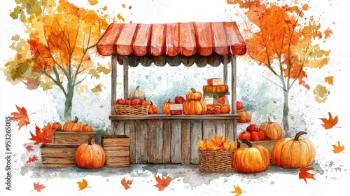 Charming autumn market stall adorned with pumpkins and colorful fall leaves, capturing the essence of seasonal harvest joy.