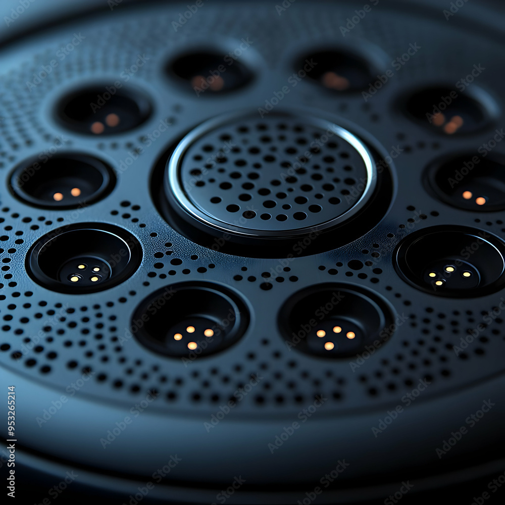Abstract 3D Illustration of a Futuristic Circular Object with Circular Outlets Abstract 3D Illustration of a Futuristic Circular Object with Circular Outlets