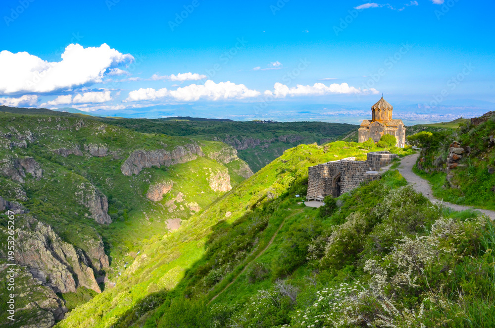 Vahramashen Church and Arkashen gorge scenic view from in Amberd Fortress (Aragatsotn province, Armenia) Vahramashen Church and Arkashen gorge scenic view from in Amberd Fortress (Aragatsotn province, Armenia)