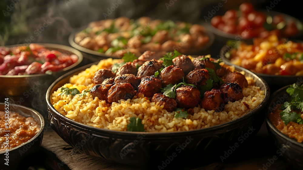 Close up of a bowl of rice and meatball dish with other bowls of food in the background. Close up of a bowl of rice and meatball dish with other bowls of food in the background.