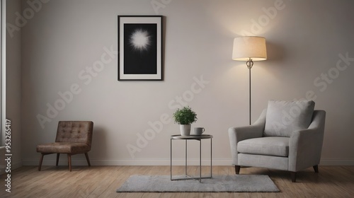 Beautiful white interior design image with wooden flooring, a white single seat sofa, table, floor lamp and wall art mock up frame.
