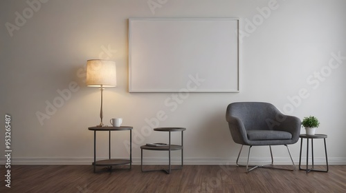 High resolution interior design image of a room with grey arm chair, table, lamp and big empty wall art mock up template.