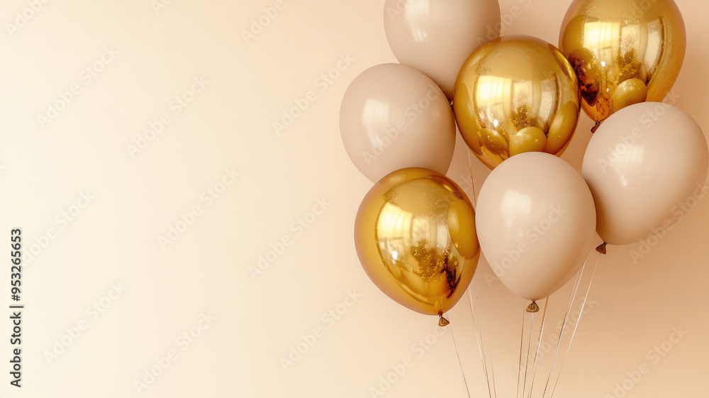 golden and beige balloons on beige background with copy space for text, high definition image golden and beige balloons on beige background with copy space for text, high definition image
