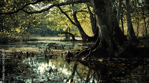 an old tree stands in the swampy forest with thick roots clinging to the ground