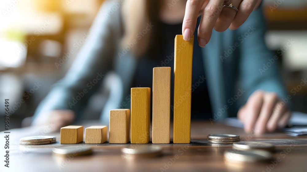 Determined Businesswoman Pushes Bar Chart Higher with Effort