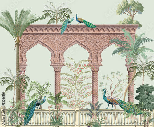 Traditional Mughal garden, arch, peacock, plant botanical illustration. Mural wallpaper design, landscape illustration.