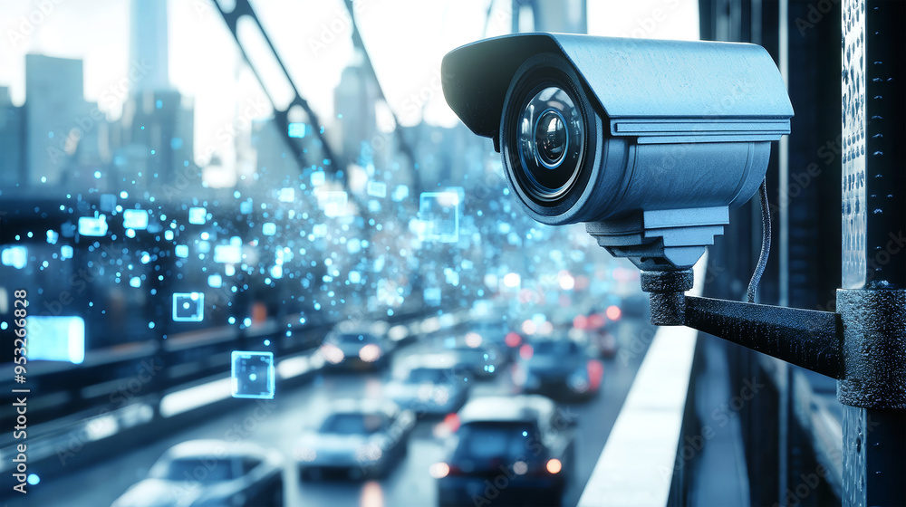 A detailed CCTV camera overlooks busy highway traffic, with blue rectangular images floating amid a sleek silver-black aesthetic, highlighting urban surveillance technology A detailed CCTV camera overlooks busy highway traffic, with blue rectangular images floating amid a sleek silver-black aesthetic, highlighting urban surveillance technology