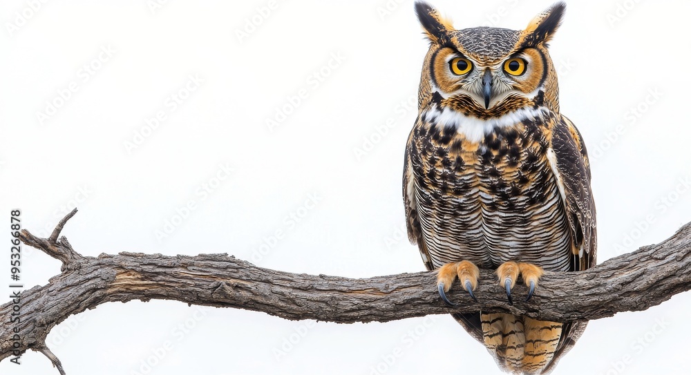 Obraz premium A majestic great horned owl perched on a branch against a clear sky during daylight hours
