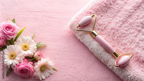 A serene beauty ritual with a floral facial roller and pink towel background photo