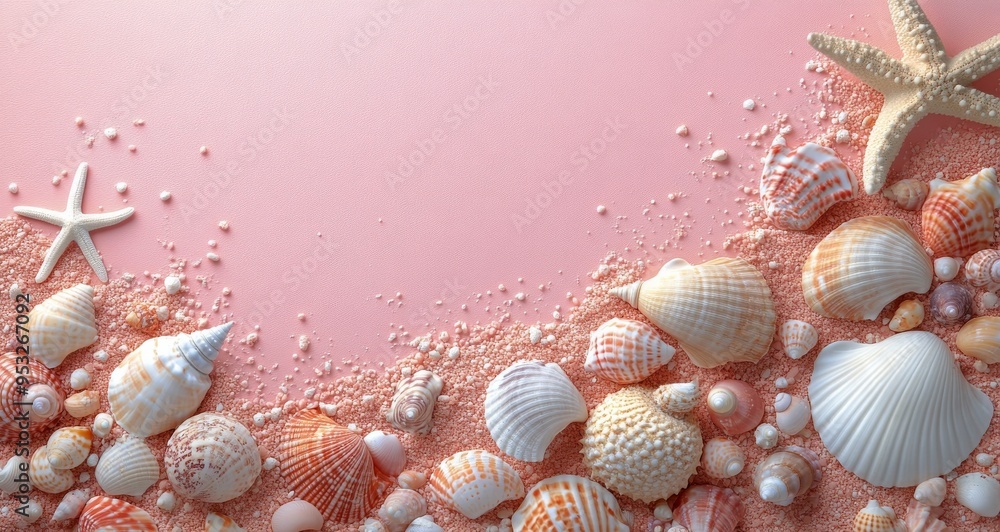 Shells and starfish arranged creatively on a pastel pink background, evoking coastal calmness Shells and starfish arranged creatively on a pastel pink background, evoking coastal calmness