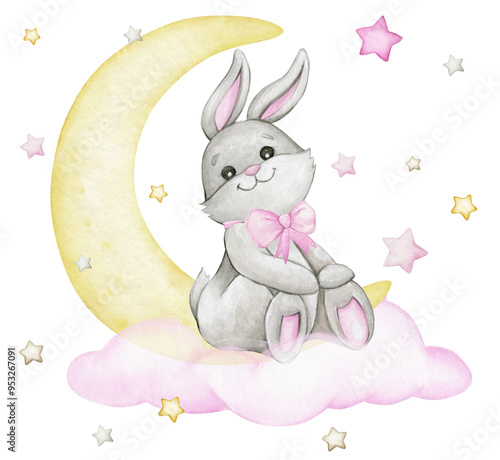 A cheerful bunny, sitting on a pink cloud, on a background of the moon and stars, in a pink bow. Watercolor clipart, on an isolated background.