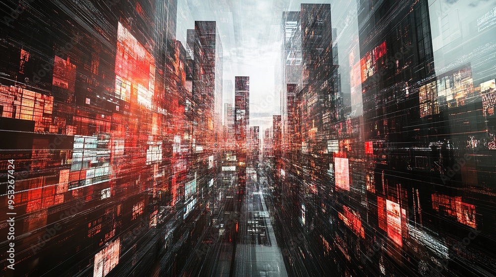An abstract, futuristic cityscape reminiscent of a digital or cyber environment. Skyscrapers, densely packed and towering, are constructed from an array of glowing digital panels, lines, and grids. Do An abstract, futuristic cityscape reminiscent of a digital or cyber environment. Skyscrapers, densely packed and towering, are constructed from an array of glowing digital panels, lines, and grids. Do