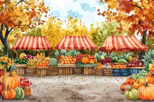 Vibrant autumn market scene filled with colorful fruits and vegetables, surrounded by falling leaves and seasonal decor.
