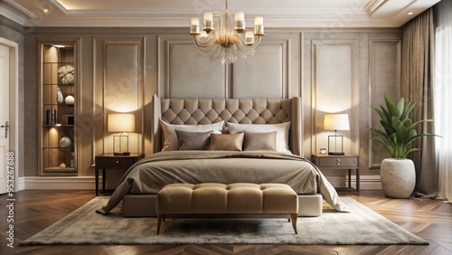 Luxurious serene ambiance soft focus warm beige tones elegant velvet headboard plush pillows romantic bedroom retreat with dramatic floor lamps and minimalist decor.