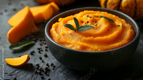 Close up of pumpkin puree in a bowl with sage and peppercorns.