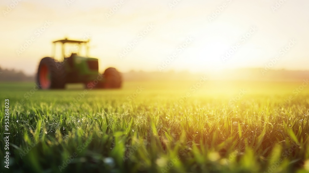 A serene landscape featuring a tractor in a field at sunrise, highlighting agricultural life and nature's beauty. A serene landscape featuring a tractor in a field at sunrise, highlighting agricultural life and nature's beauty.