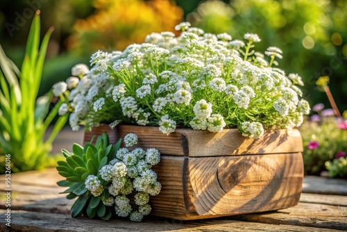 Delicate, tiny, white blooms of alyssum spill over the edges of a rustic wooden planter, surrounding a small, lush green succulent in a sunny garden setting.