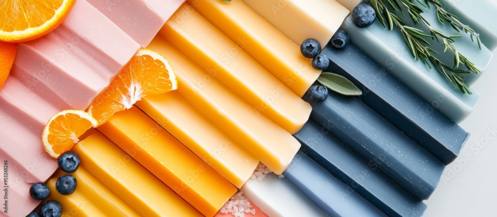 A flat lay of colorful soap bars with different textures and scents A flat lay of colorful soap bars with different textures and scents