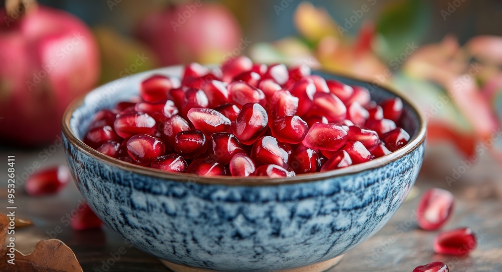 Fresh pomegranate seeds in a patterned blue bowl on a kitchen table during daylight Fresh pomegranate seeds in a patterned blue bowl on a kitchen table during daylight