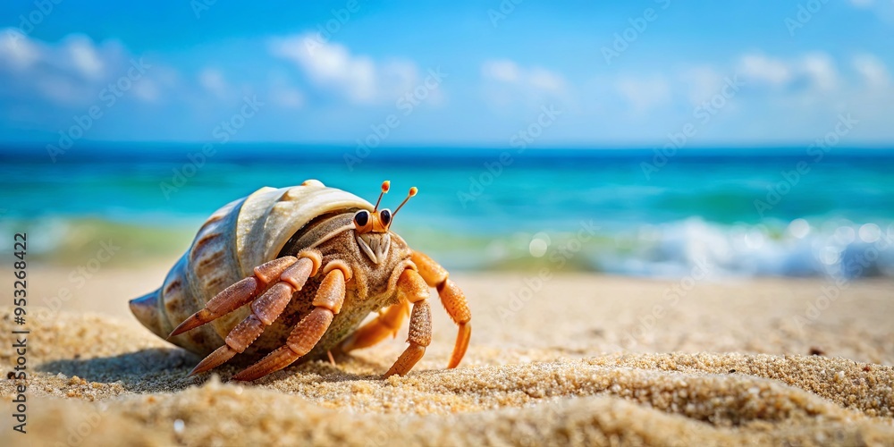 A hermit crab enjoying a day at the beach, soaking up the sun and relaxing in the sand A hermit crab enjoying a day at the beach, soaking up the sun and relaxing in the sand