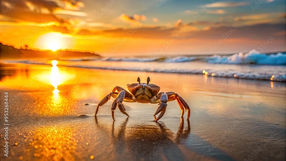 Fototapeta premium Crab walking across sandy beach during sunset