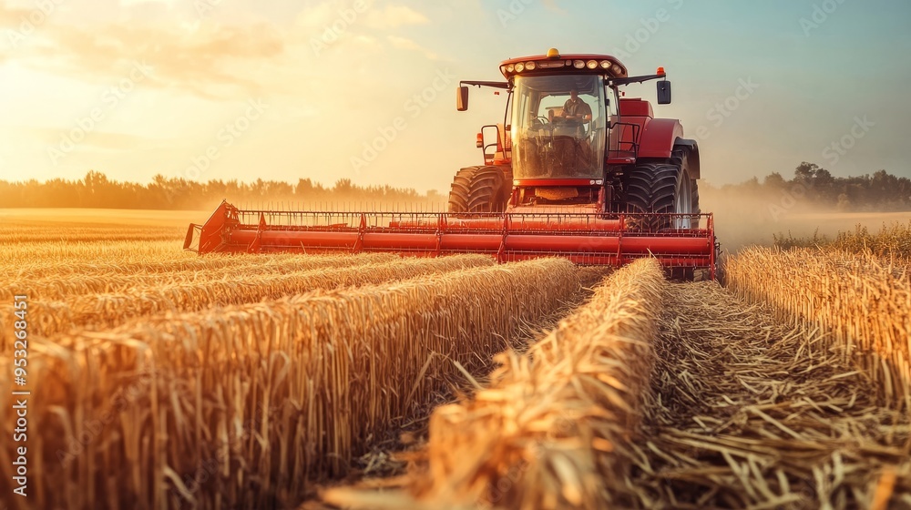 A red tractor harvesting wheat in a golden field during sunset, showcasing agricultural activity and rural beauty. A red tractor harvesting wheat in a golden field during sunset, showcasing agricultural activity and rural beauty.