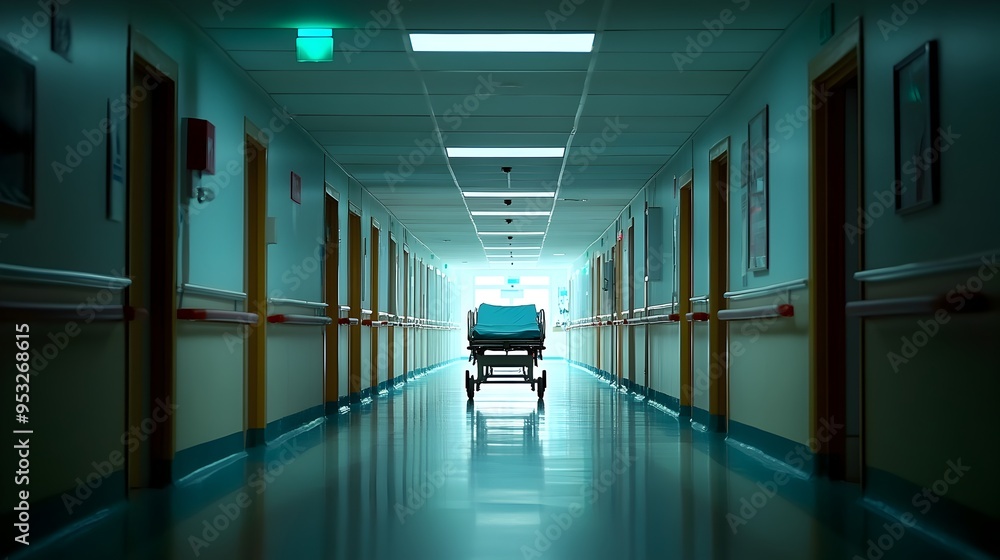Obraz premium Empty Hospital Gurney Parked in Sterile Medical Corridor