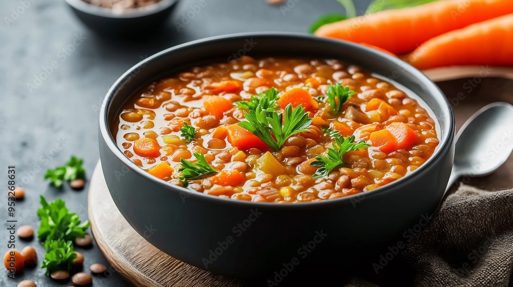 Hearty Lentil Soup: A comforting bowl of lentil soup with carrots and herbs, photographed in a rustic setting for a warm and inviting feel. Hearty Lentil Soup: A comforting bowl of lentil soup with carrots and herbs, photographed in a rustic setting for a warm and inviting feel.
