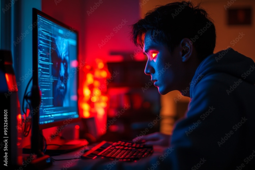 Software developer working late night on computer programming code Software developer working late night on computer programming code