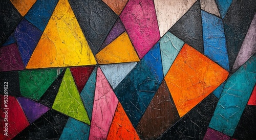 Colorful abstract painting featuring geometric shapes in vibrant hues on a textured background