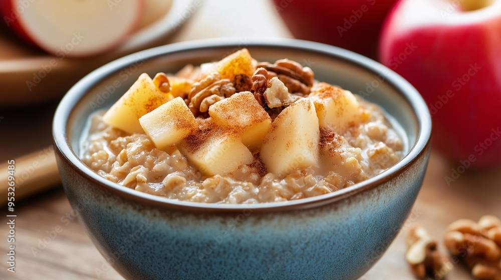 Autumn Harvest Oatmeal: Warm and inviting bowl of oatmeal with fresh apple slices, pecans, and cinnamon, perfect for a cozy autumn breakfast. Autumn Harvest Oatmeal: Warm and inviting bowl of oatmeal with fresh apple slices, pecans, and cinnamon, perfect for a cozy autumn breakfast.