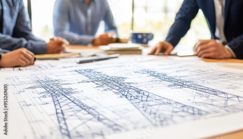 Close-up of engineers discussing detailed blueprints of power lines, focusing on planning and design of electrical infrastructure. photo