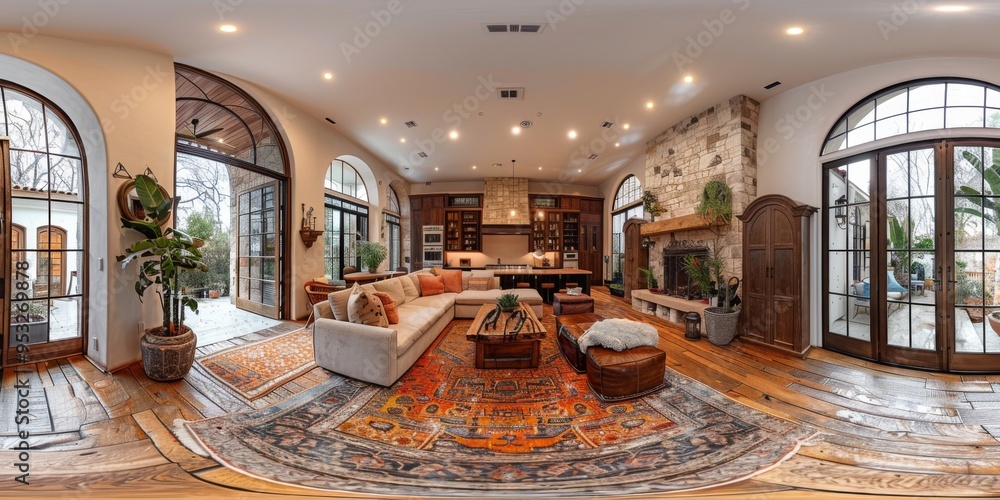 Obraz premium An immersive 360-degree equirectangular projection spherical panorama of a secure home, showcasing smart locks, surveillance cameras, and biometric