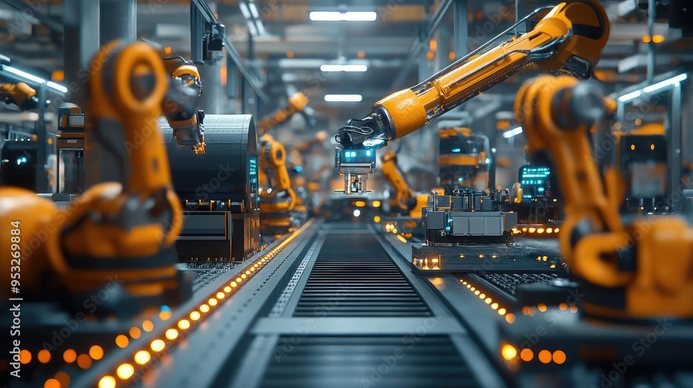 Futuristic factory assembly line, with automated robots building complex machinery, 3D illustration Futuristic factory assembly line, with automated robots building complex machinery, 3D illustration